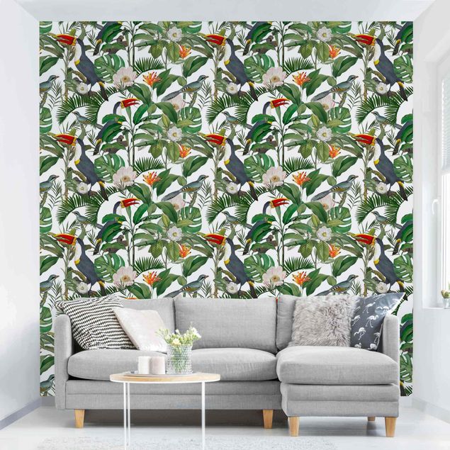 Vogel Tapete Tropischer Tukan mit Monstera und Palmenblättern