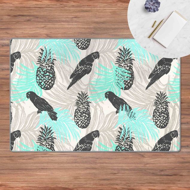 Teppich grau Tropisches Muster mit Ananas und Papageien Türkis