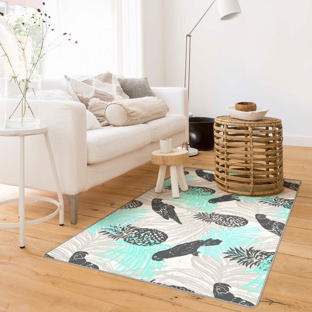 Teppich modern Tropisches Muster mit Ananas und Papageien Türkis