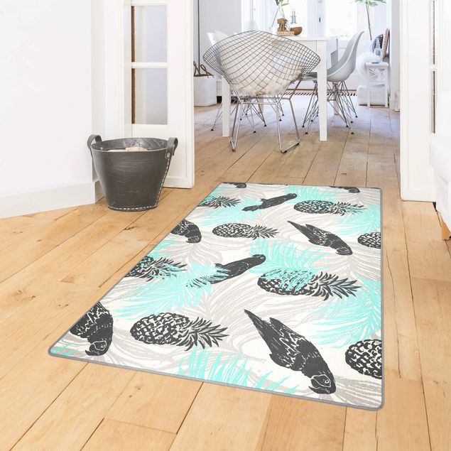 Teppiche groß Tropisches Muster mit Ananas und Papageien Türkis