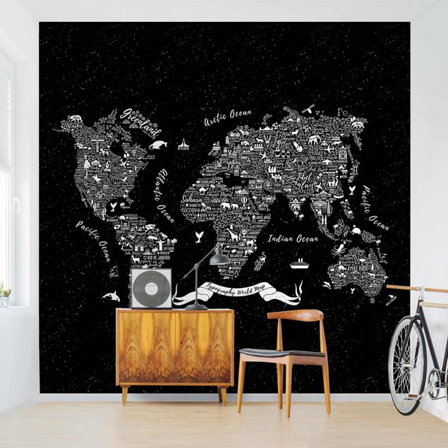 Weltkarte Tapete Typografie Weltkarte schwarz