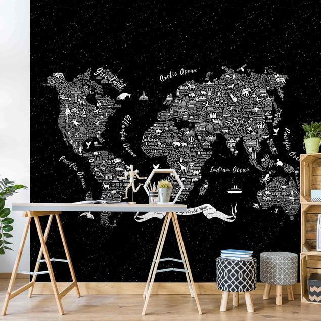 Tapeten kaufen Typografie Weltkarte schwarz