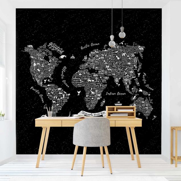 Tapete selbstklebend Typografie Weltkarte schwarz