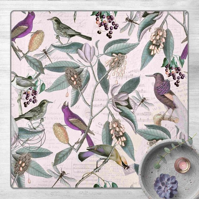 Teppich Blumen Vintage Collage - Nostalgische Vögel