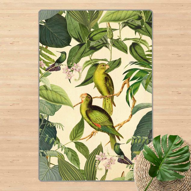 Teppich Blumenmuster Vintage Collage - Papageien im Dschungel