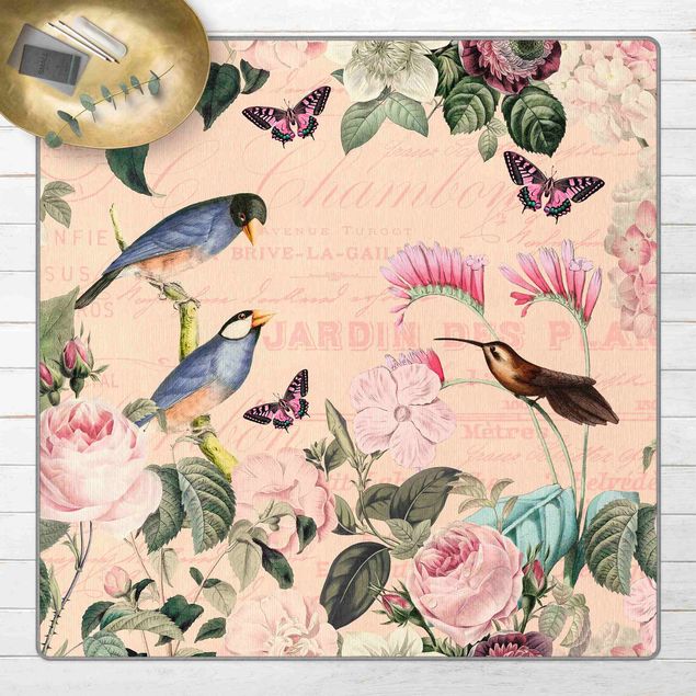 Teppich Blumenmuster Vintage Collage - Rosen und Vögel