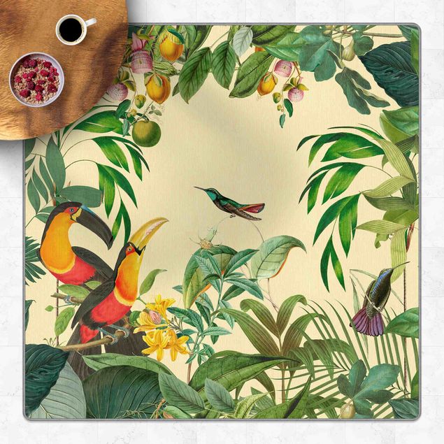 Teppich Blumen Vintage Collage - Vögel im Dschungel