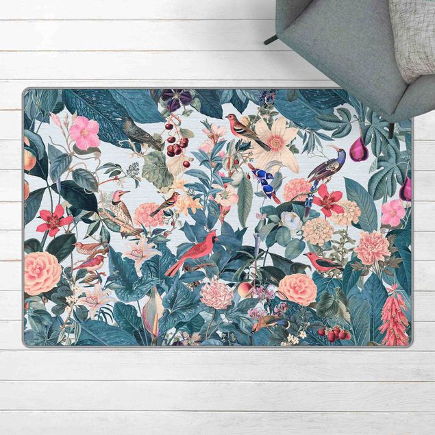 teppich mit blumenmuster Vintage Collage - Vogelgarten