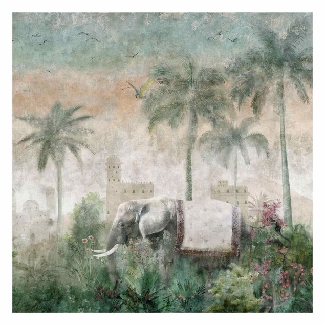 Tapete selbstklebend Vintage Dschungel Szene mit Elefant