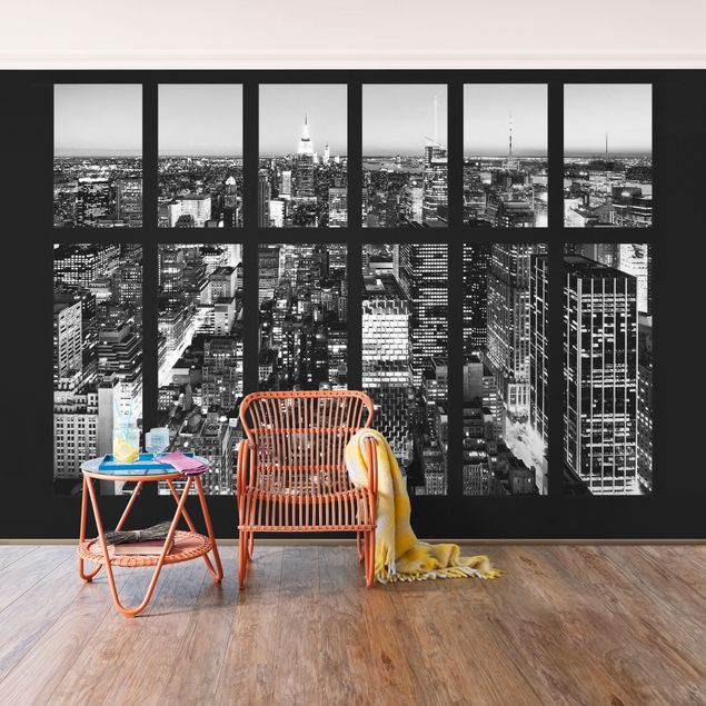 Fototapete Fenster Fensterblick Manhattan Skyline schwarz-weiß
