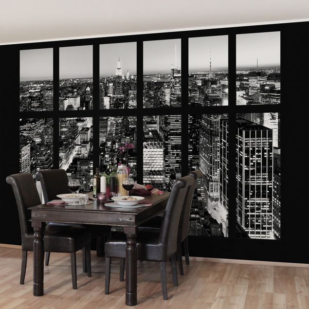 3D Tapete Fensterblick Manhattan Skyline schwarz-weiß