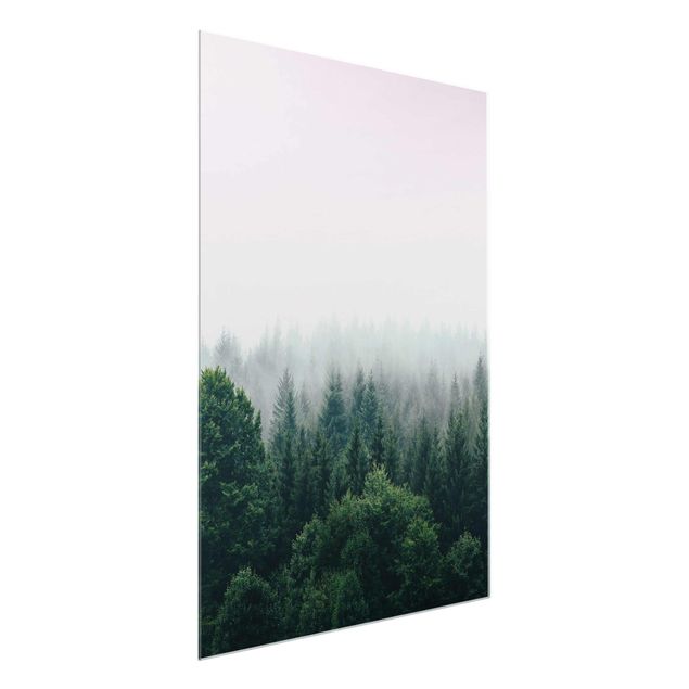 Glasbild - Wald im Nebel Dämmerung - Hochformat
