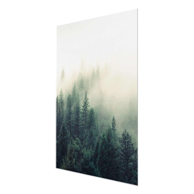 Glasbild - Wald im Nebel Erwachen - Hochformat