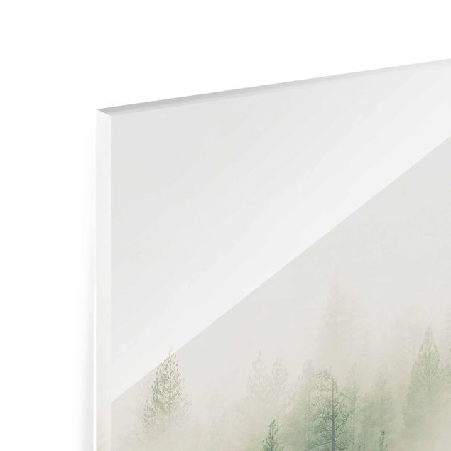 Glasbild - Wald im Nebel Erwachen - Hochformat