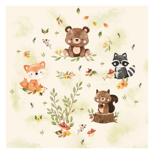 selbstklebende Tapete Waldtiere Herbst Fuchs Bär Eichhörnchen Waschbär