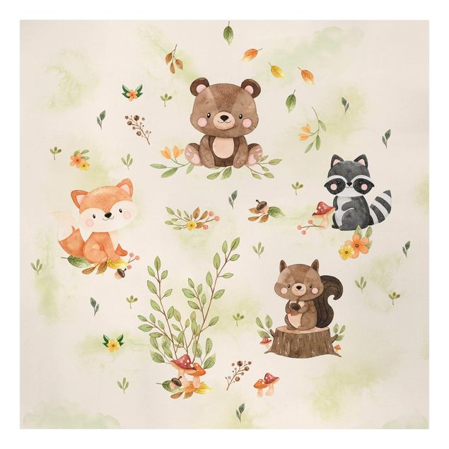 Leinwandbild - Waldtiere Herbst Fuchs Bär Eichhörnchen Waschbär