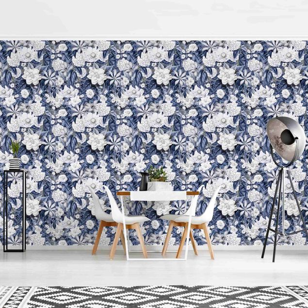 Design Tapeten Weiße Blumen vor Blau