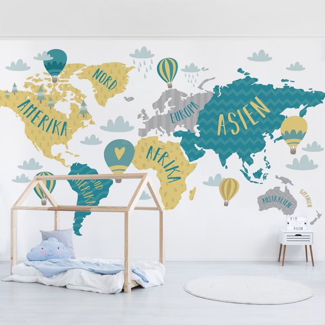 Tapeten Weltkarte mit Heißluftballon