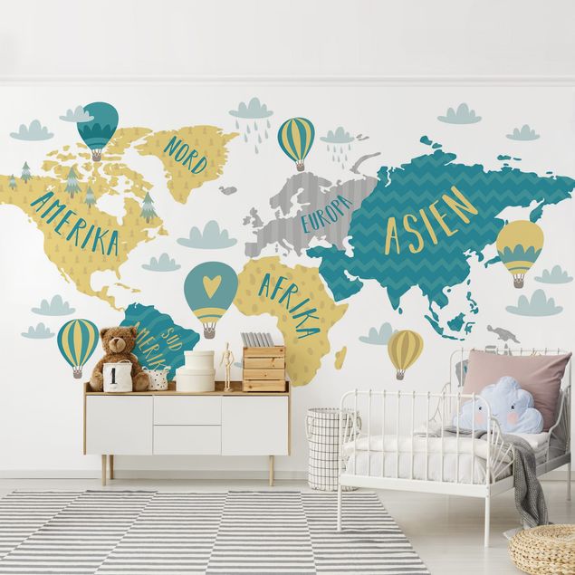 selbstklebende Tapete Weltkarte mit Heißluftballon