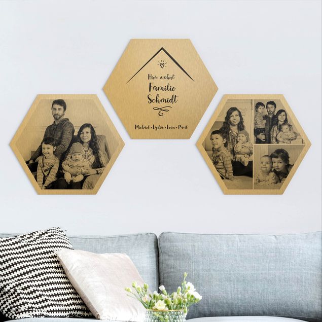 schöne Bilder 3-teiliges Hexagon Bild Alu-Dibond gebürstet Gold selbst gestalten