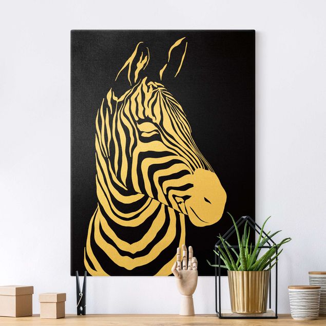 Leinwandbild Gold - Safari Tiere - Portrait Zebra Schwarz - Hochformat 3:4