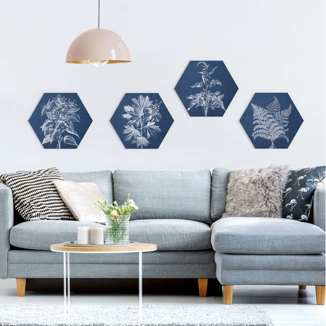 Hexagon Bild Forex 4-teilig - Denim Pflanzenstudie Set II