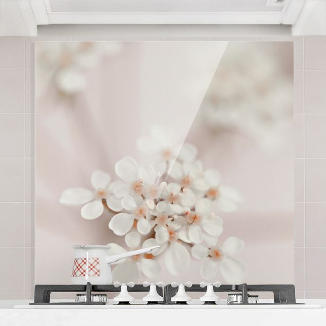 Glasrückwand Küche Blumen Miniblüten im Rosanen Licht