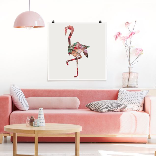 Poster mit Blumen Origami Flamingo