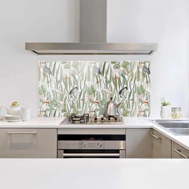 Glasrückwand Küche Muster Flamingos und Störche mit Pflanzen