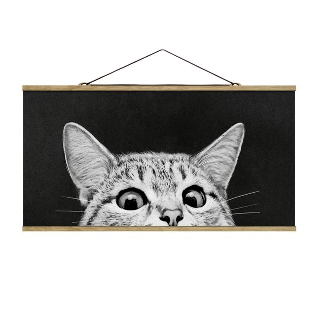 Stoffbild mit Posterleisten - Laura Graves - Illustration Katze Schwarz Weiß Zeichnung - Querformat 2:1
