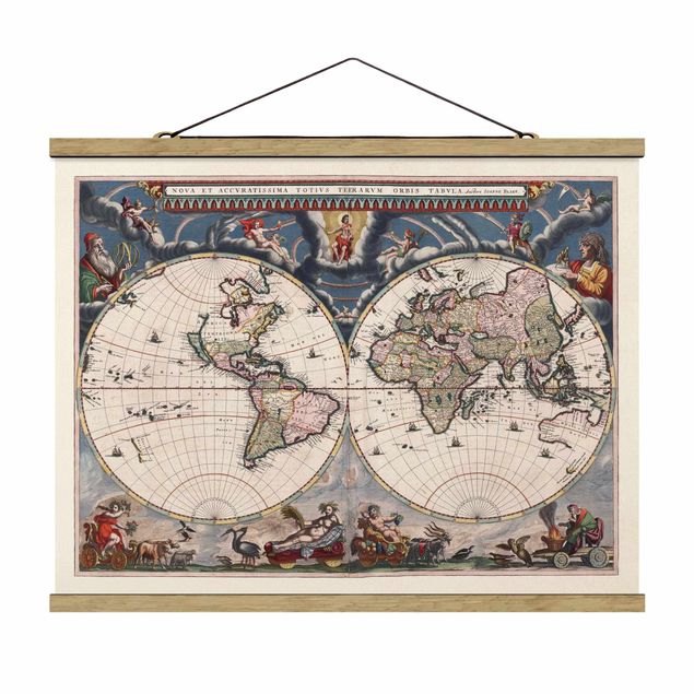 Stoffbild mit Posterleisten - Historische Weltkarte Nova et Accuratissima von 1664 - Querformat 4:3