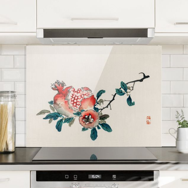 Glasrückwand Küche Blumen Asiatische Vintage Zeichnung Granatapfel