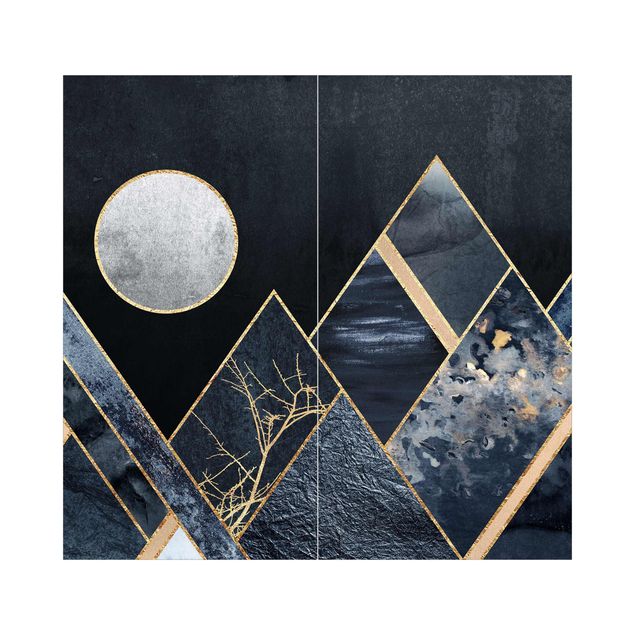Duschrückwand - Goldener Mond abstrakte schwarze Berge