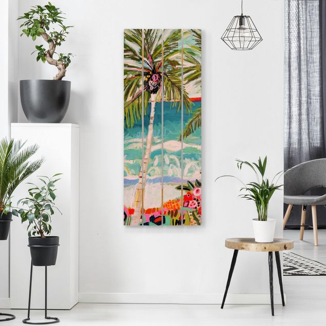 Holzbilder Natur Palme mit pinken Blumen I