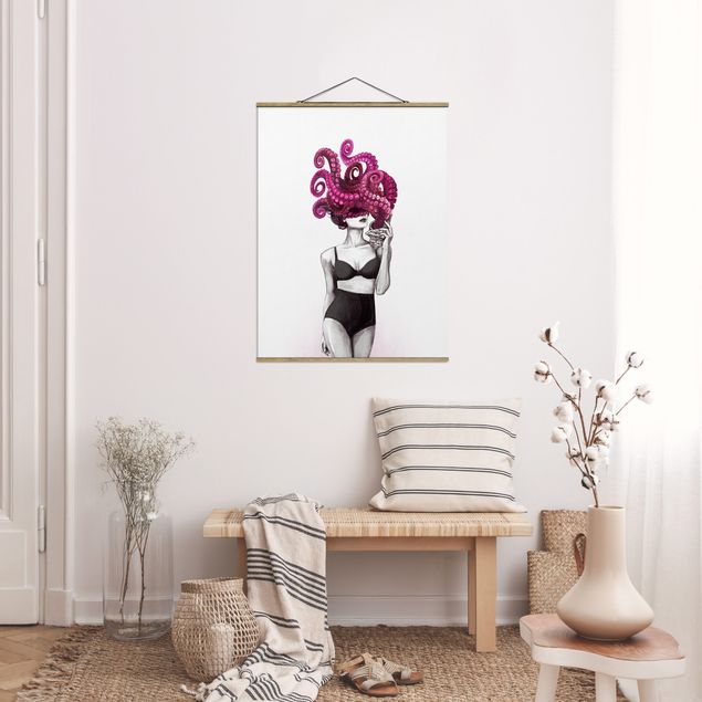 Stoffbilder mit Posterleisten Illustration Frau in Unterwäsche Schwarz Weiß Oktopus
