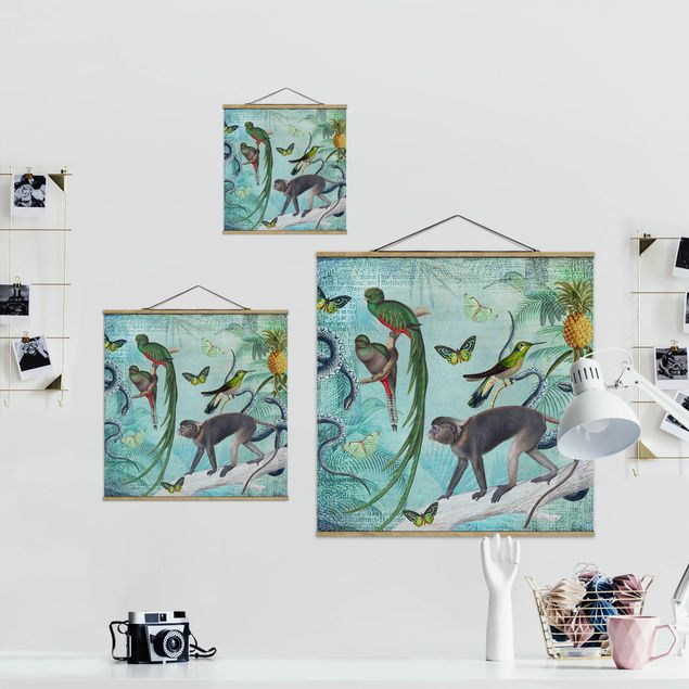 Stoffbild mit Posterleisten - Colonial Style Collage - Äffchen und Paradiesvögel - Quadrat 1:1