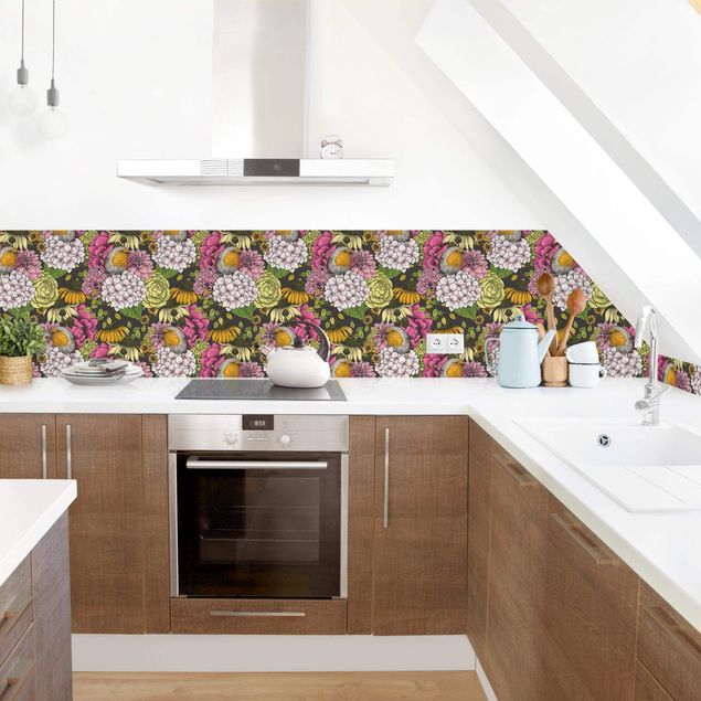 Küche Wandpaneel Rotkehlchen mit Blumen