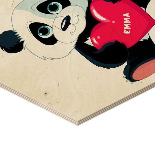 Hexagon Bild Holz mit Wunschtext - Panda mit Herz