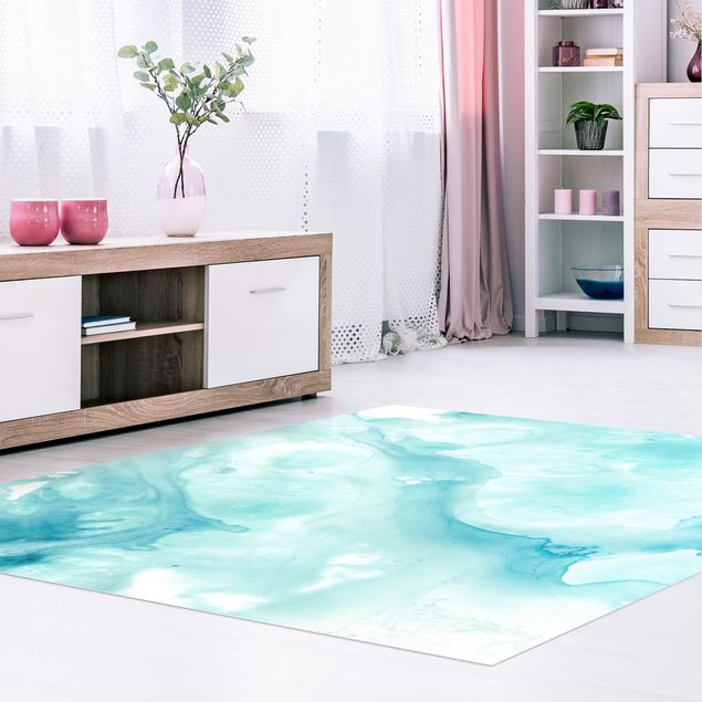 Moderner Teppich Emulsion in weiß und türkis I