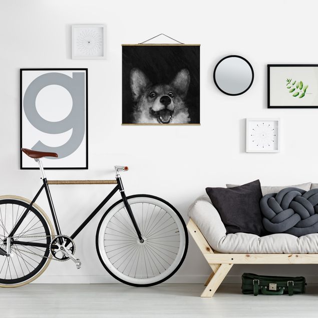 Stoffbilder mit Posterleisten Illustration Hund Corgi Malerei Schwarz Weiß