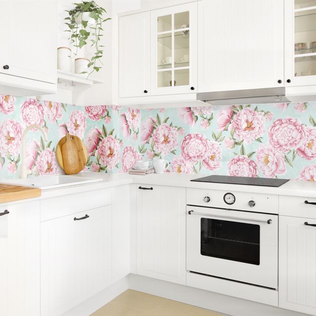 Küchenspiegel Rosa Blumen auf Mint als Aquarell