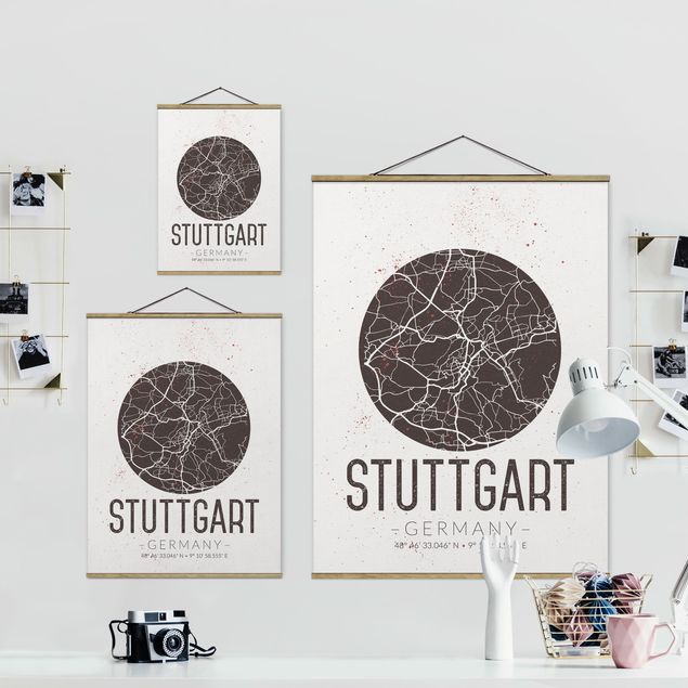 Stoffbild mit Posterleisten - Stadtplan Stuttgart - Retro - Hochformat 3:4