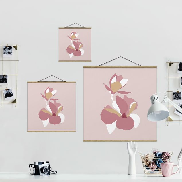 Stoffbild mit Posterleisten - Line Art Blüten Pastell Rosa - Quadrat 1:1