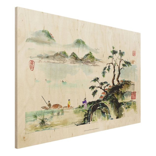 Holzbilder Natur Japanische Aquarell Zeichnung See und Berge