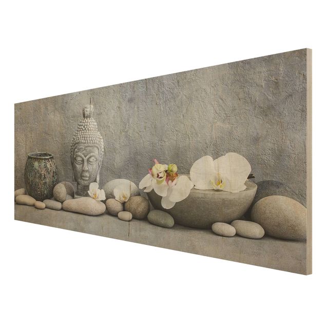 Holzbild - Zen Buddha mit weißen Orchideen - Panorama