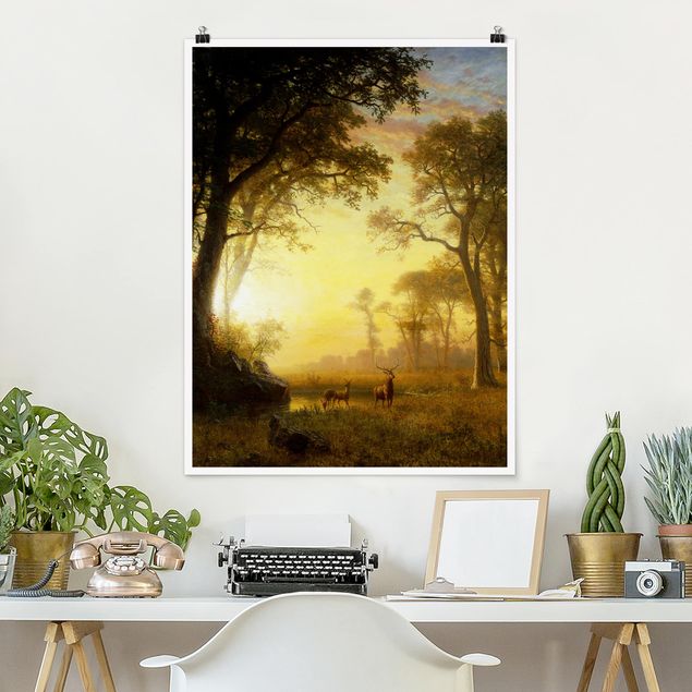Poster - Albert Bierstadt - Sonnenbeschienene Lichtung - Hochformat 3:4