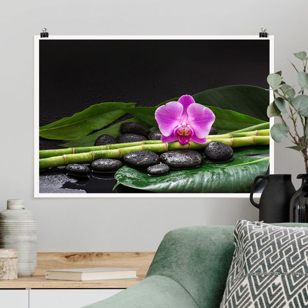 XXL Poster Grüner Bambus mit Orchideenblüte