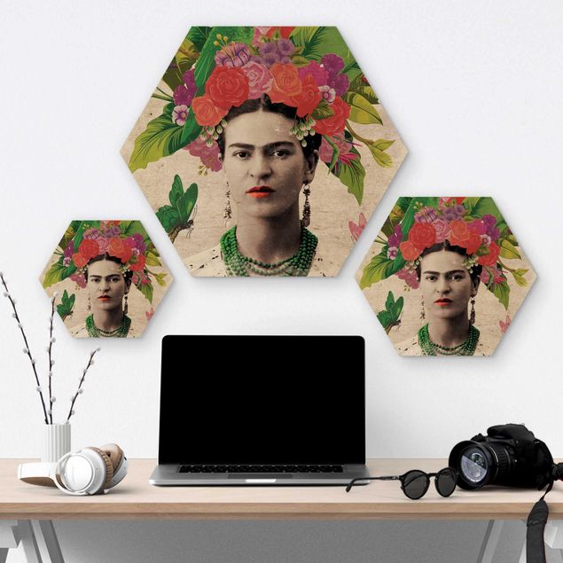 Hexagon Bild Holz - Frida Kahlo - Blumenportrait
