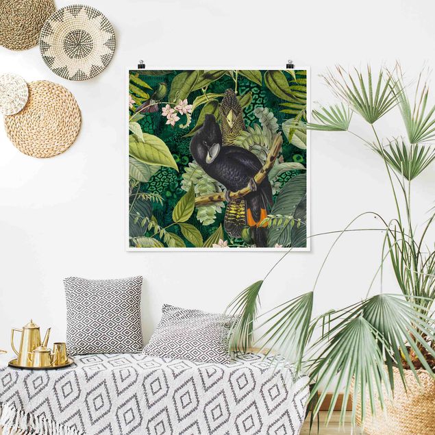 Tiere Poster Bunte Collage - Kakadus im Dschungel