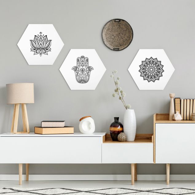 Hexagon-Bilder Mandala Hamsa Hand Lotus Set auf Weiß